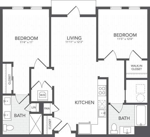 Floor plan for 2 beds, 2 baths, 1140 sqft